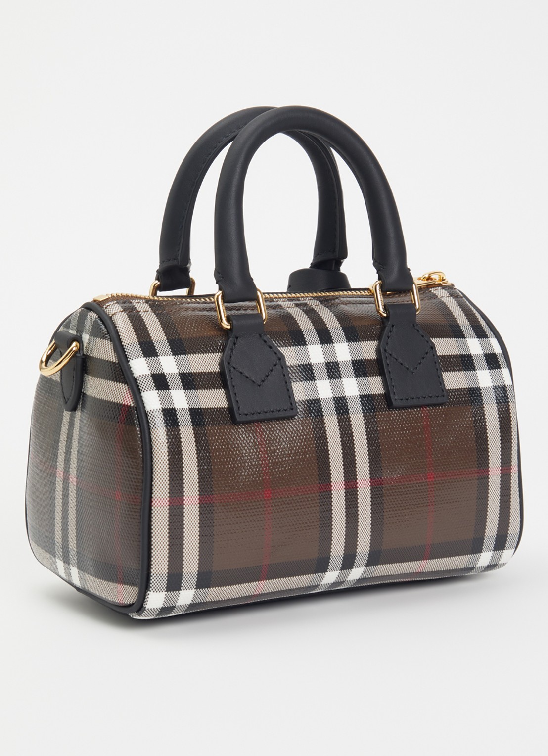 Burberry Check Mini Bowling handtas met kalfsleren details - achterkant bruin