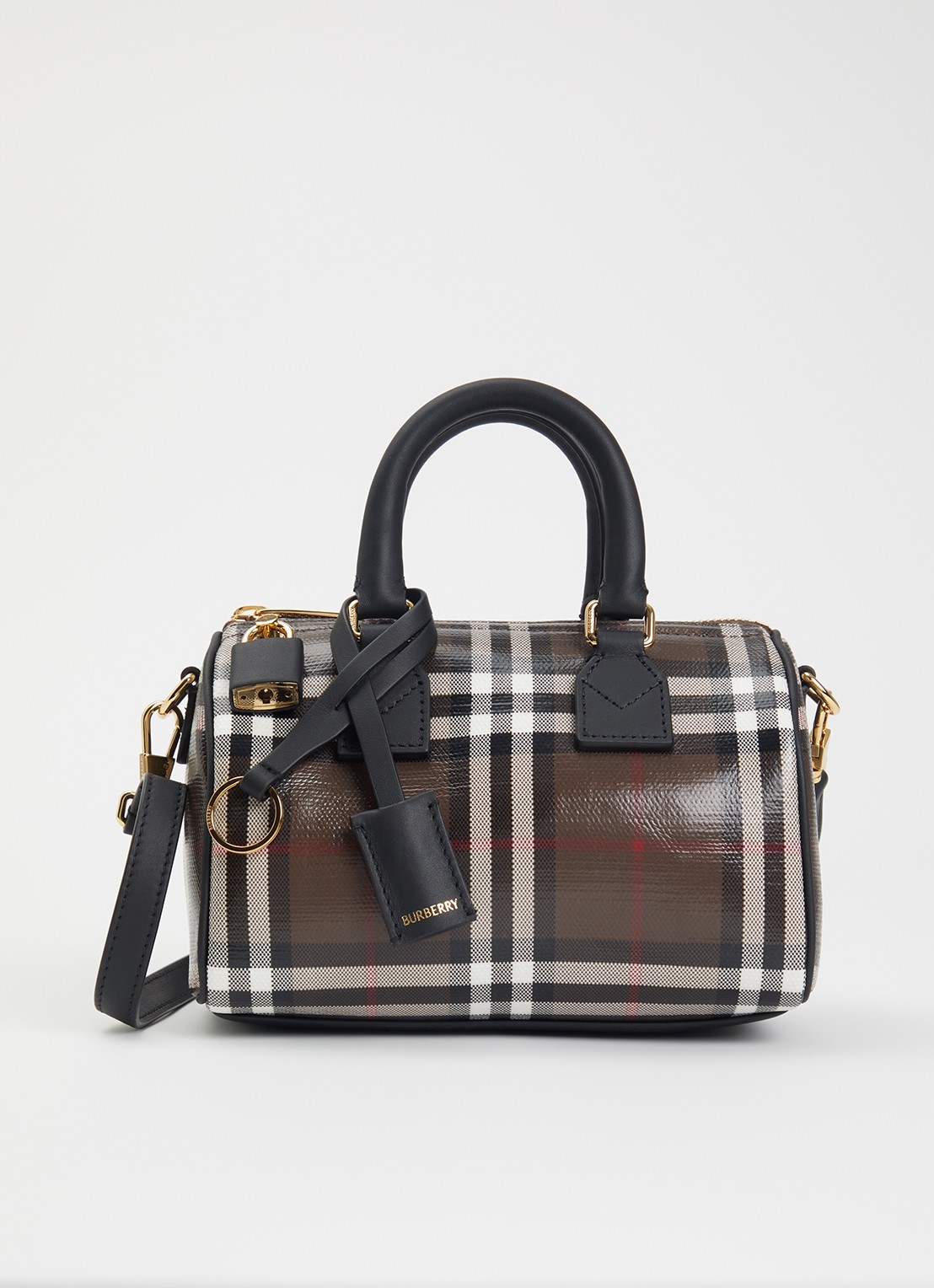 Burberry Check Mini Bowling handtas met kalfsleren details - voorkant 6 bruin