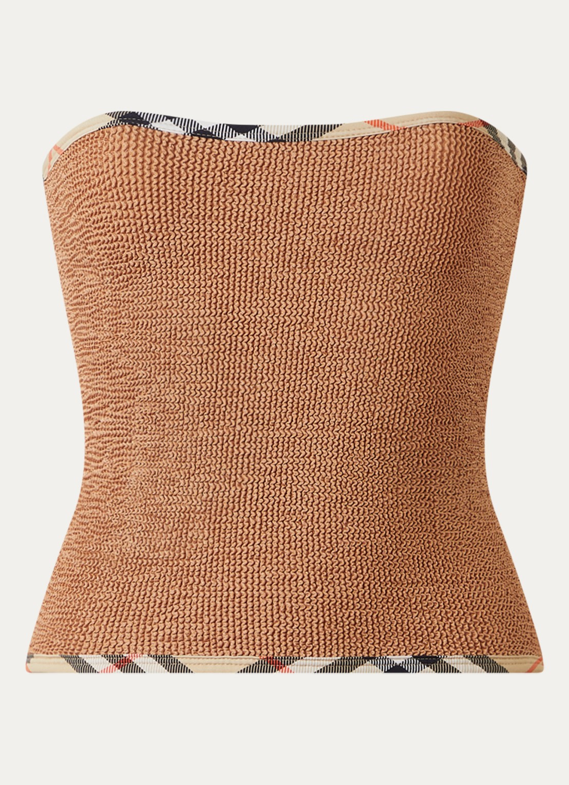Burberry Devyn badrok en -bandeautop met scrunchie en structuur - voorkant cognac