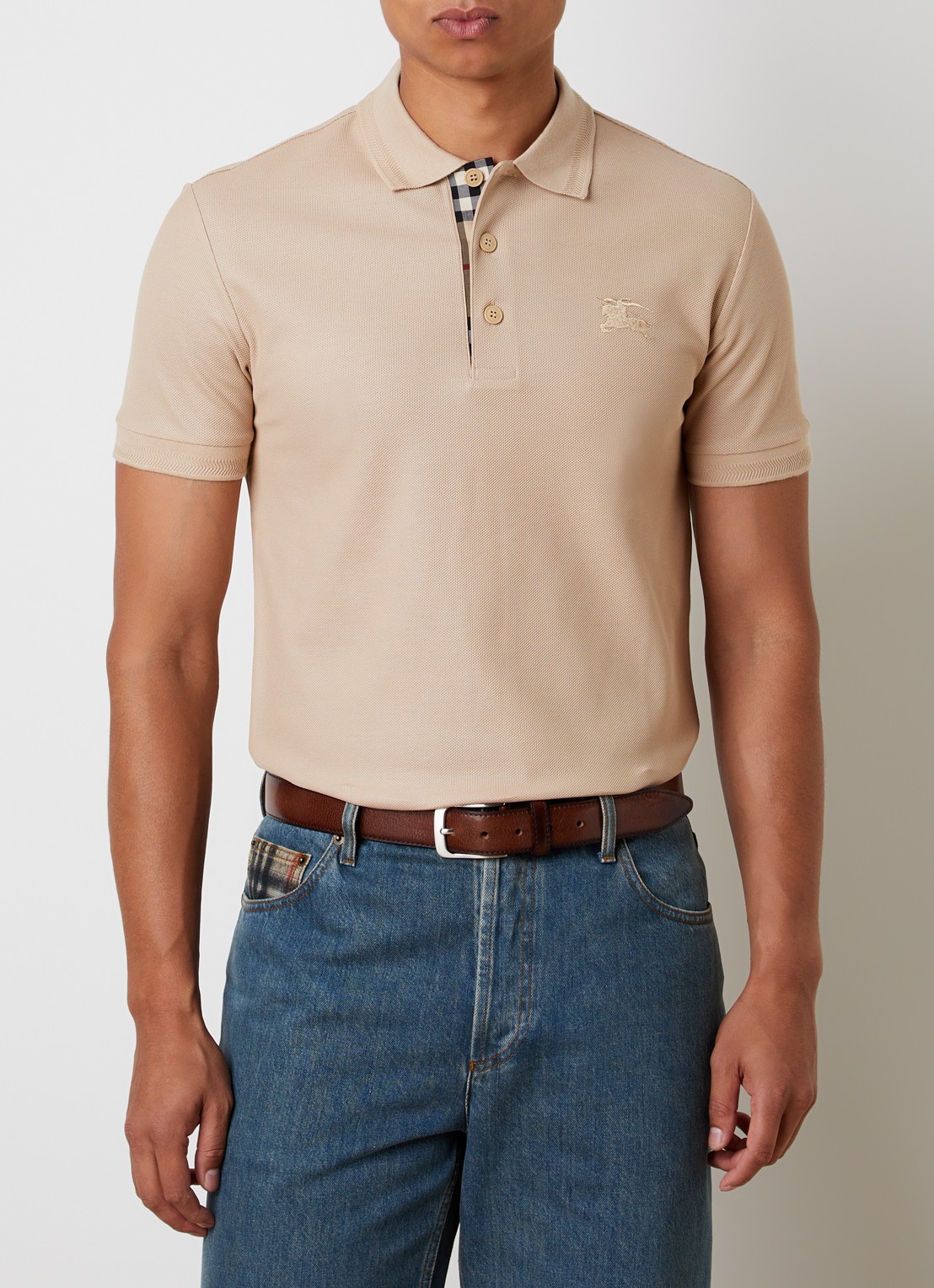 Burberry Eddie slim fit polo van piqué katoen met logoborduring - detail 4 beige