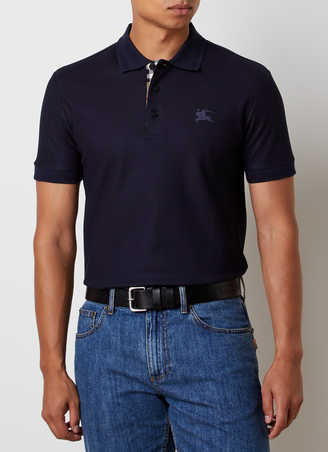Burberry Eddie slim fit polo van piqué katoen met logoborduring - detail donkerblauw