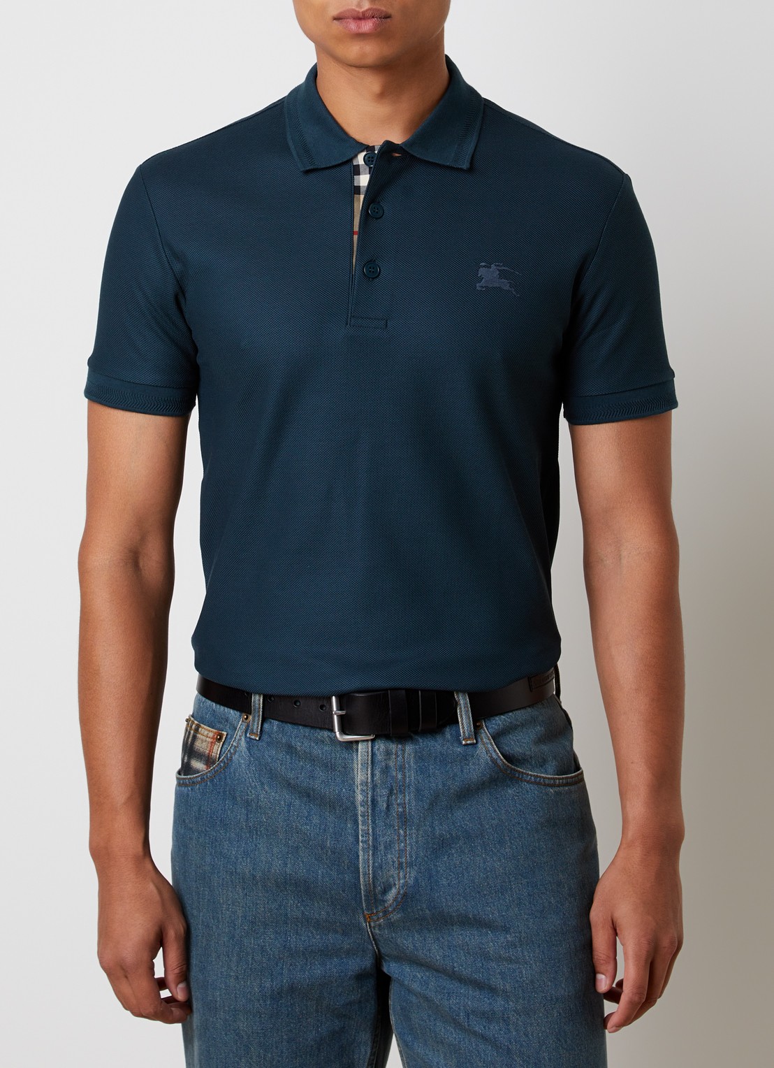 Burberry Eddie slim fit polo van piqué katoen met logoborduring - detail petrol