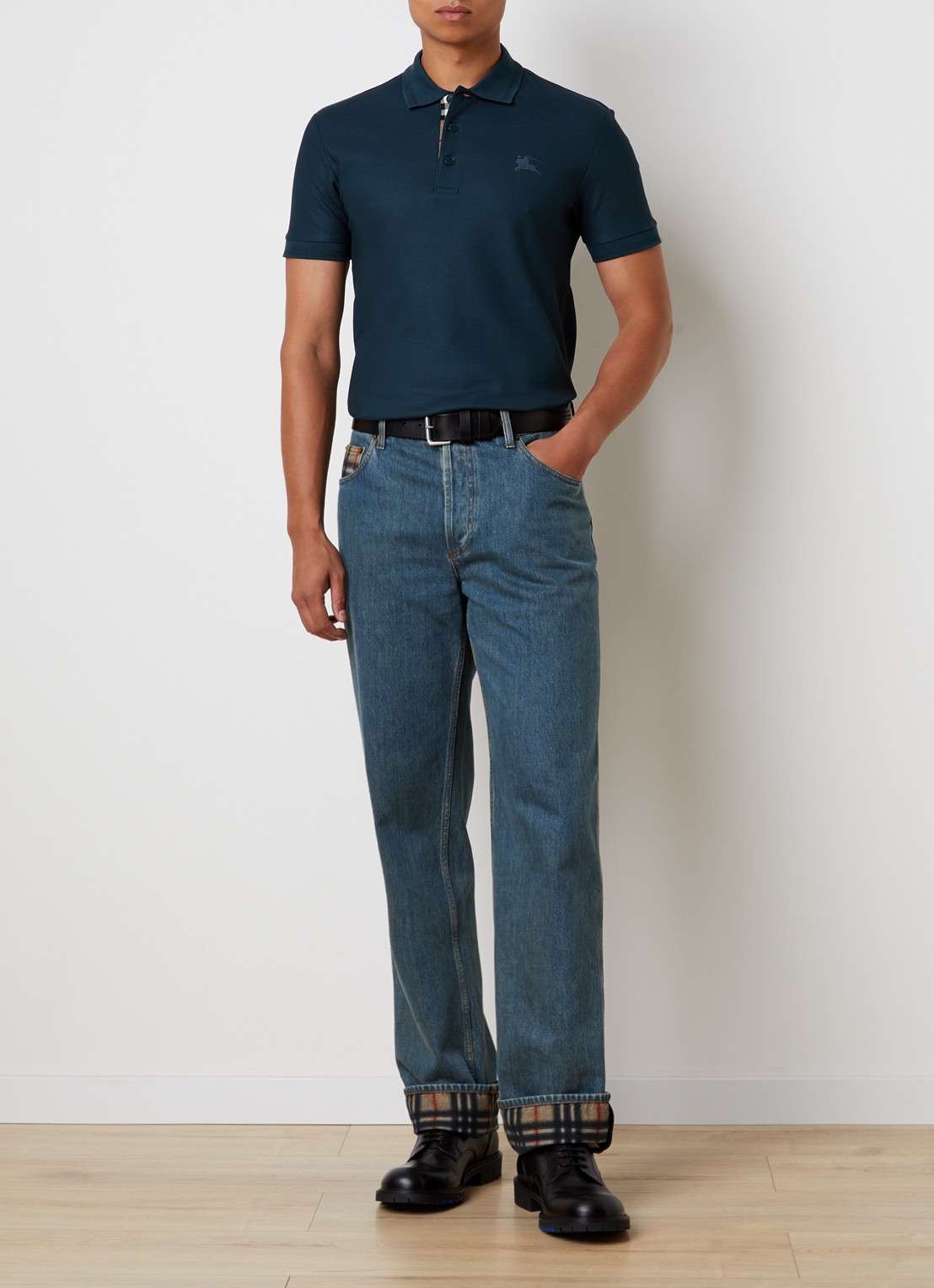 Burberry Eddie slim fit polo van piqué katoen met logoborduring - voorkant 5 petrol