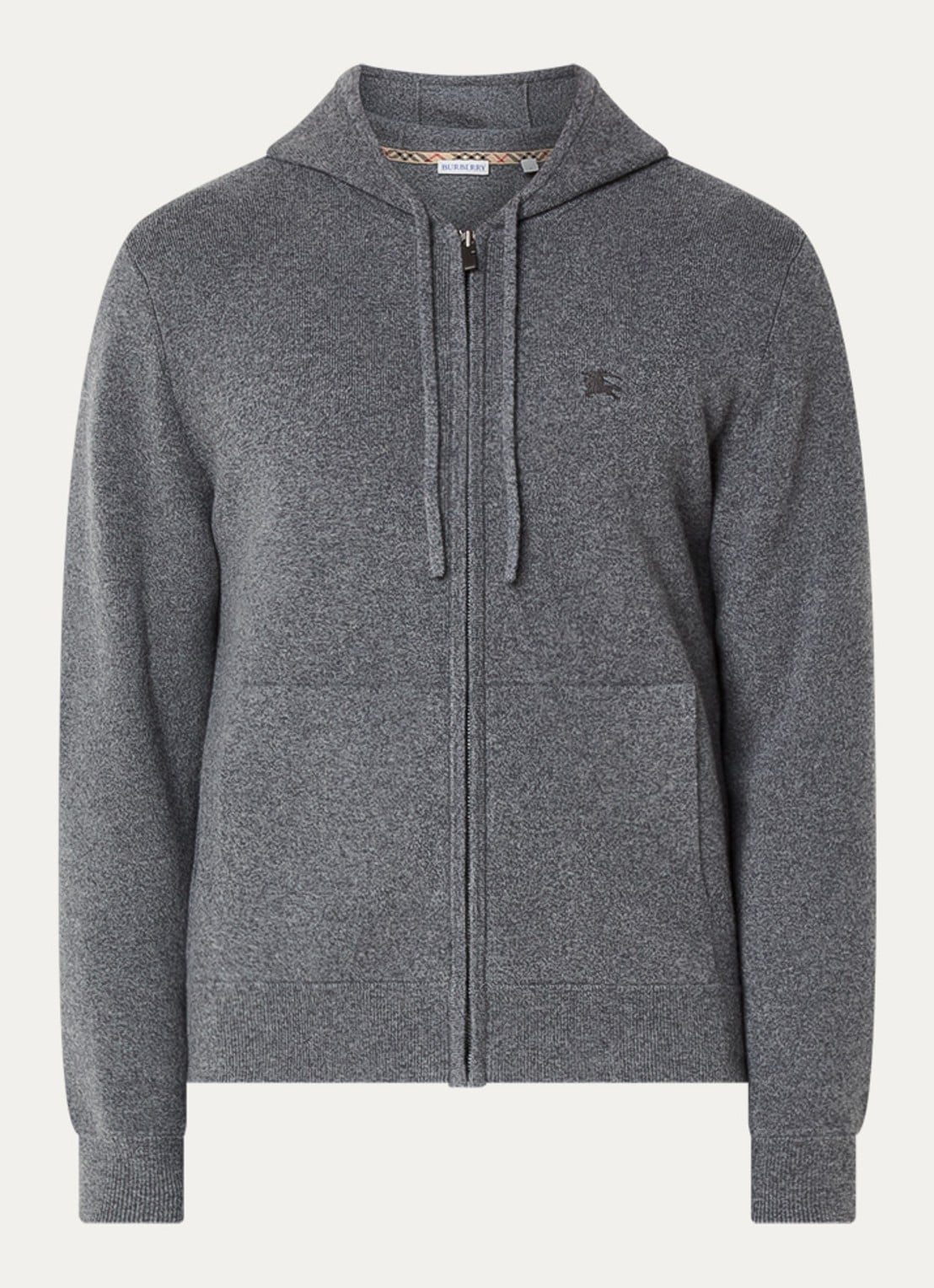 Burberry Fijngebreid vest in kasjmierblend met capuchon en logo - voorkant 2 grijsmele