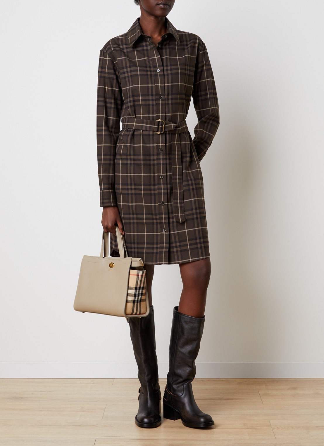 Burberry Fiora mini blousejurk met ruitdessin en ceintuur - voorkant 2 donkerbruin