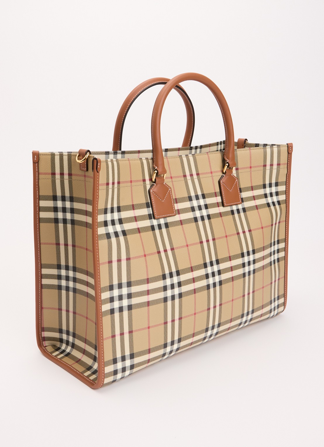 Burberry Freya Medium shopper met ruitdessin en kalfsleren details - achterkant khaki