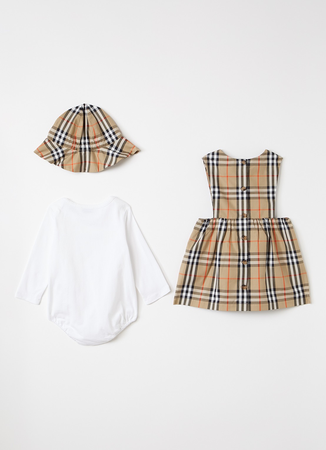 Burberry Halima set van jurk met romper en hoed in giftbox 3-delig - voorkant 2 camel