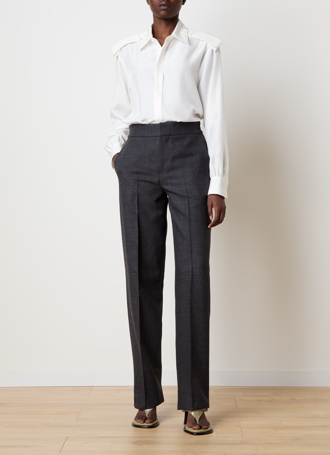 Burberry High waist straight fit pantalon van wol met steekzakken - voorkant 4 antraciet