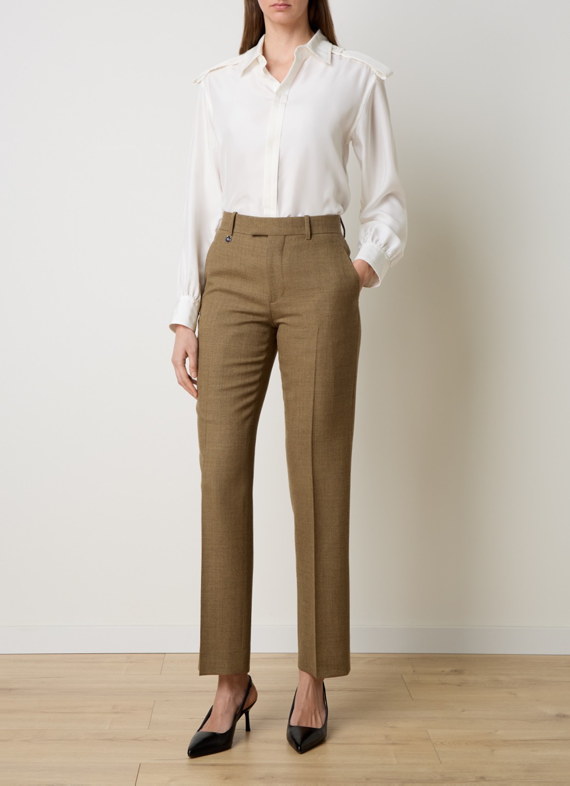 Burberry High waist straight fit pantalon van wol met steekzakken - voorkant 4 legergroen