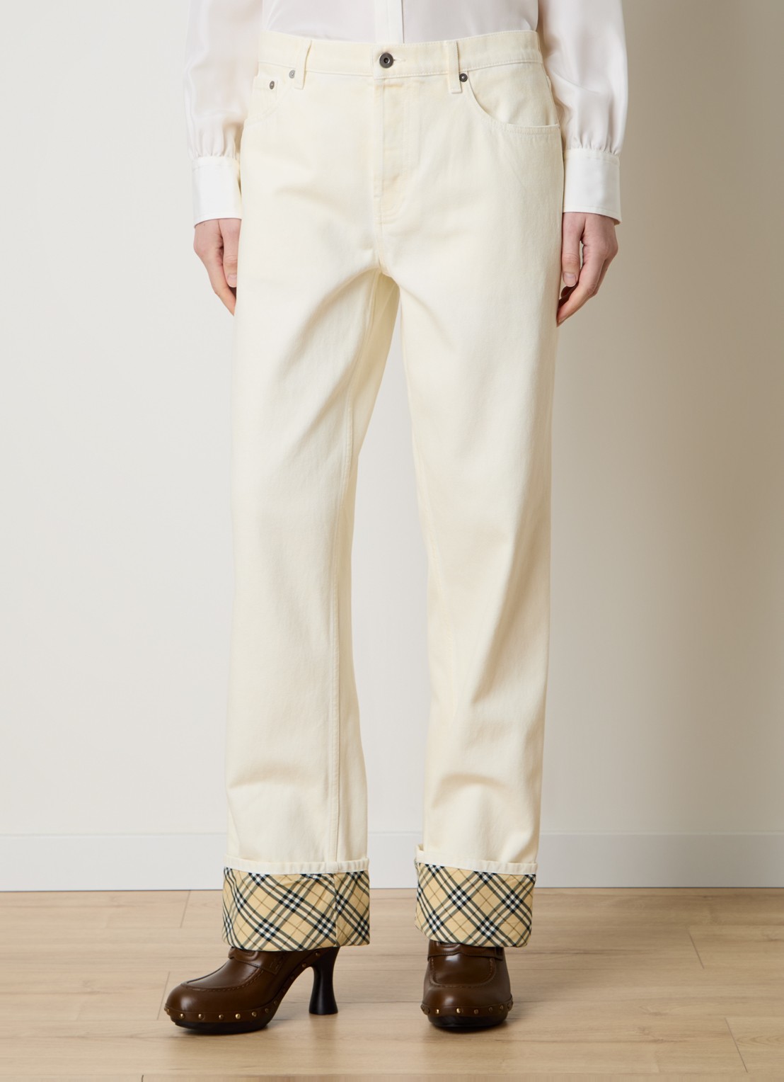 Burberry High waist straight leg jeans met ruitdessin - detail creme