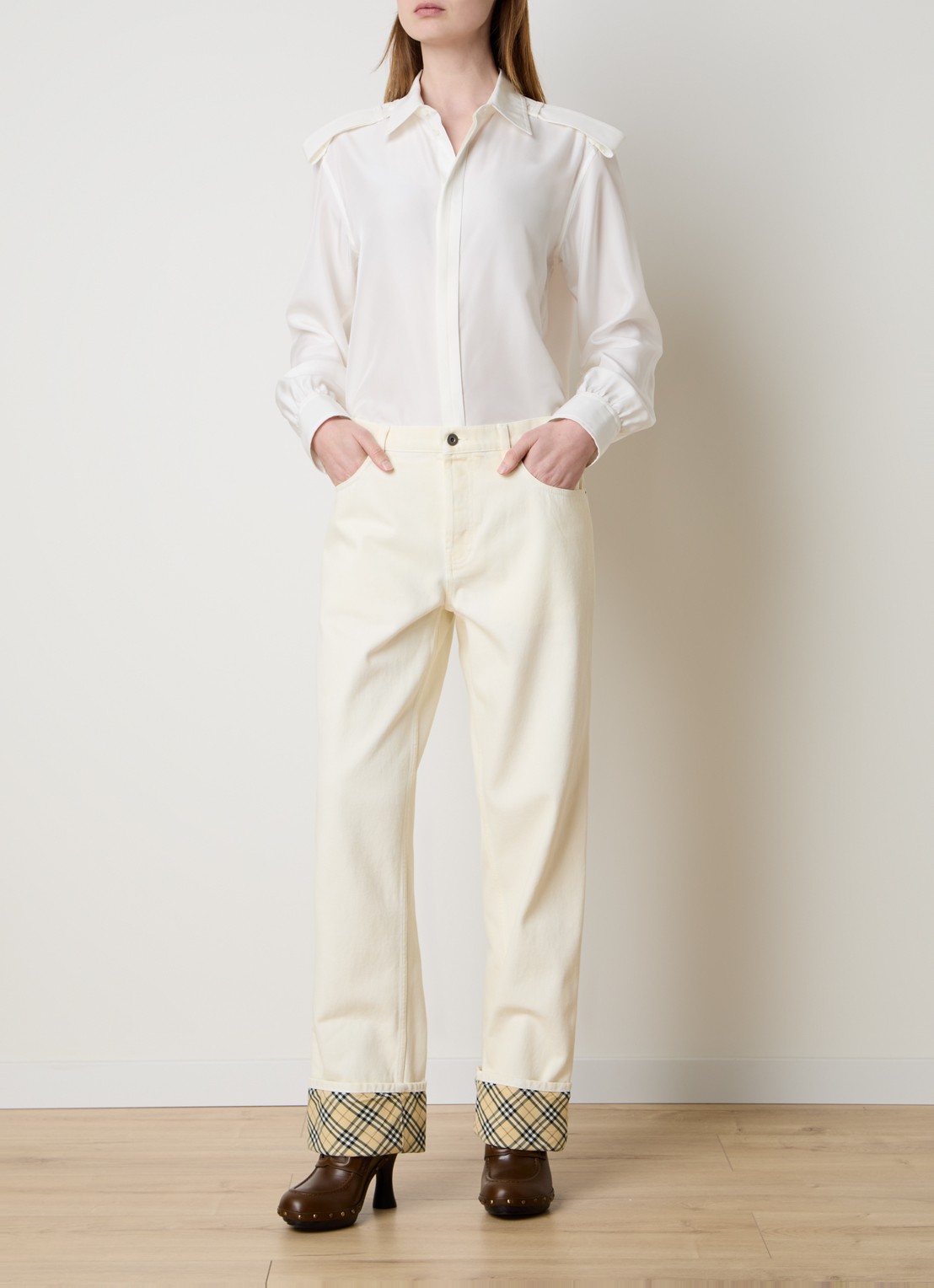 Burberry High waist straight leg jeans met ruitdessin - voorkant 5 creme