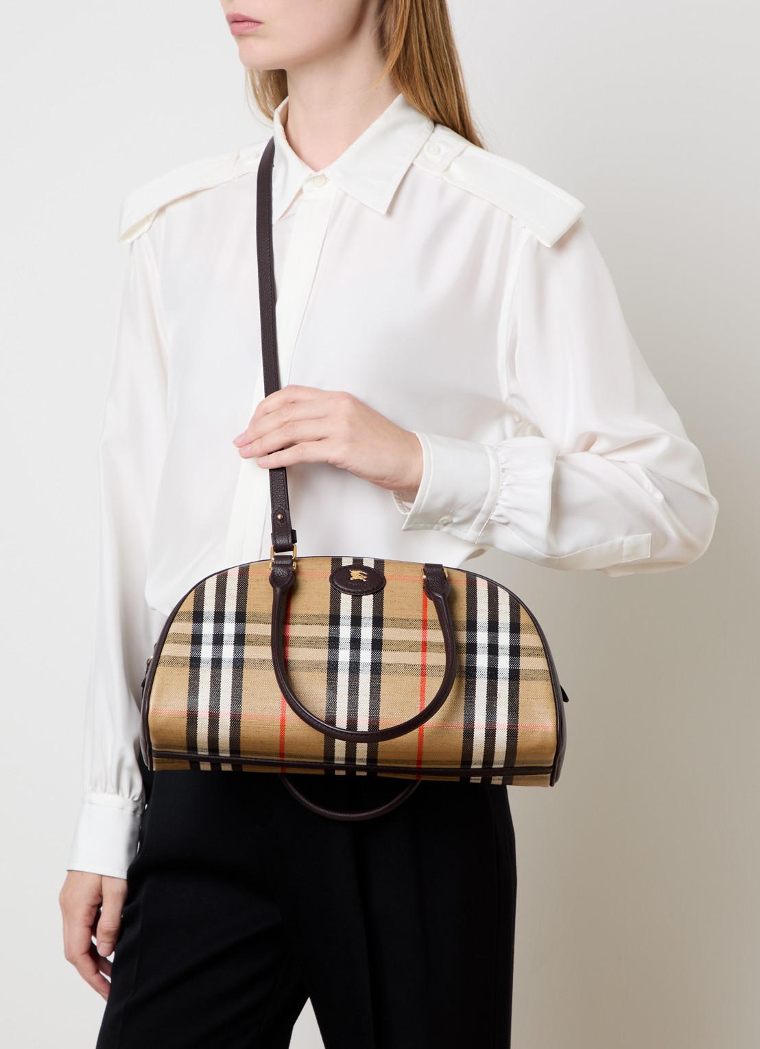 Burberry Highlands handtas met kalfsleren details en ruitdessin  - voorkant 2 zand
