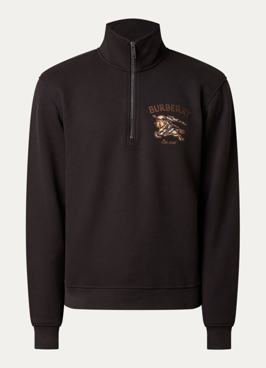 Burberry Jacob sweater met halve rits en logoborduring - voorkant 3 chocoladebruin