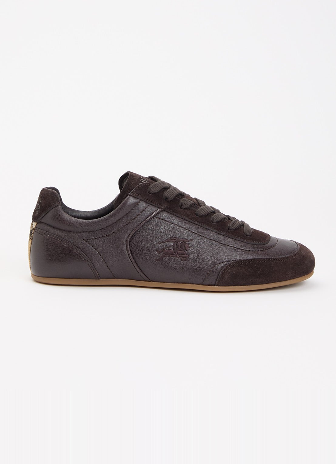 Burberry Knight sneaker van leer met details van suède - voorkant donkerbruin