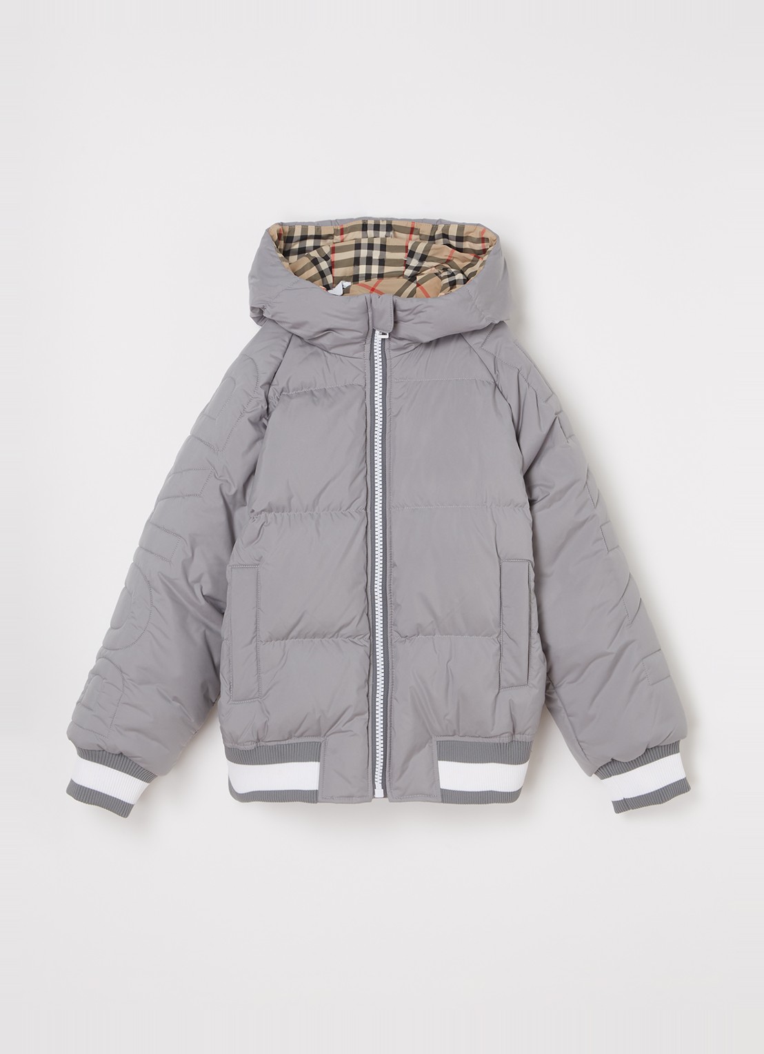 Burberry Landry gewatteerde jas met donsvulling en capuchon - voorkant lichtgrijs