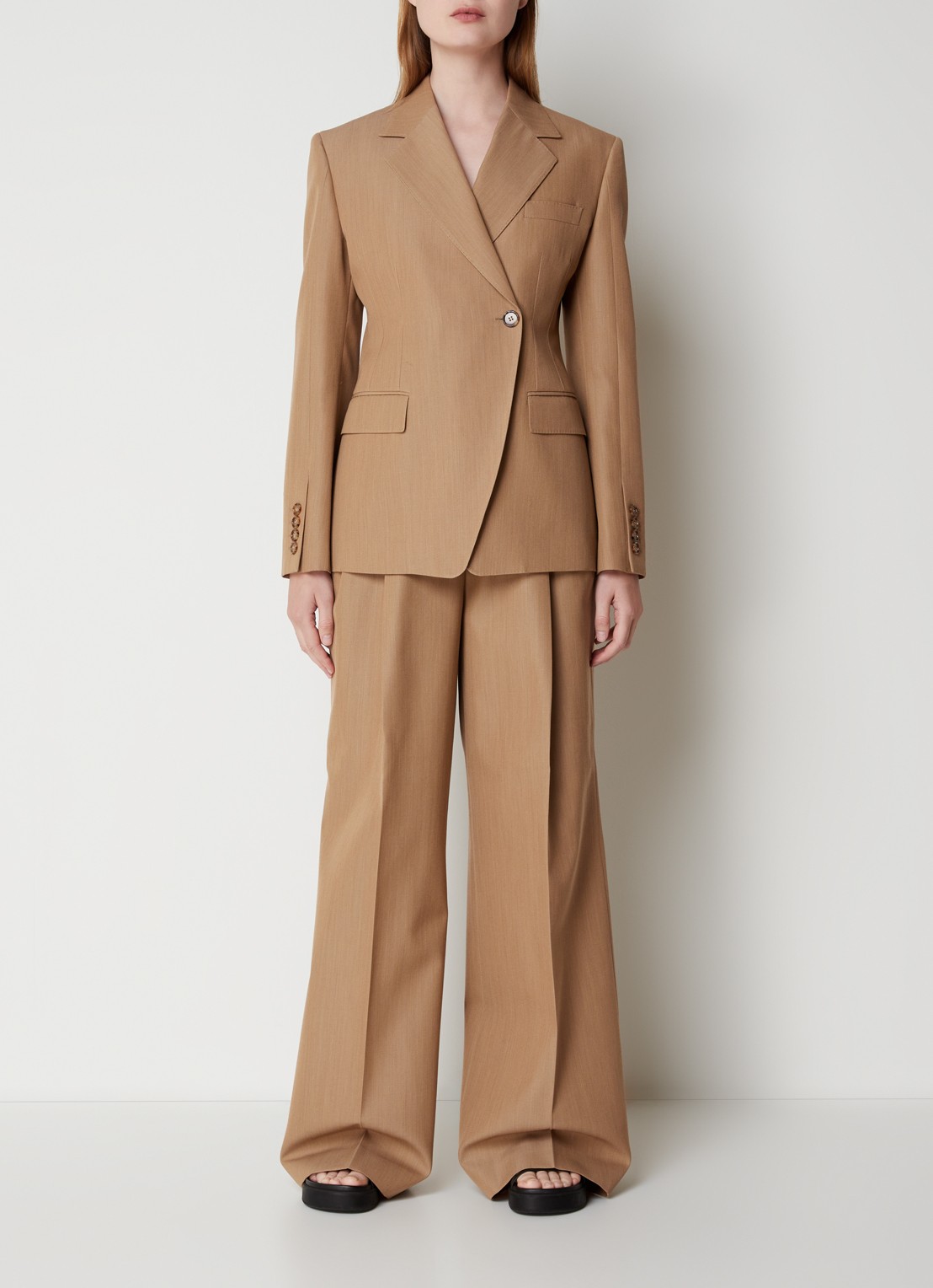 Burberry Madge high waist wide fit pantalon van scheerwol  - voorkant 5 camel