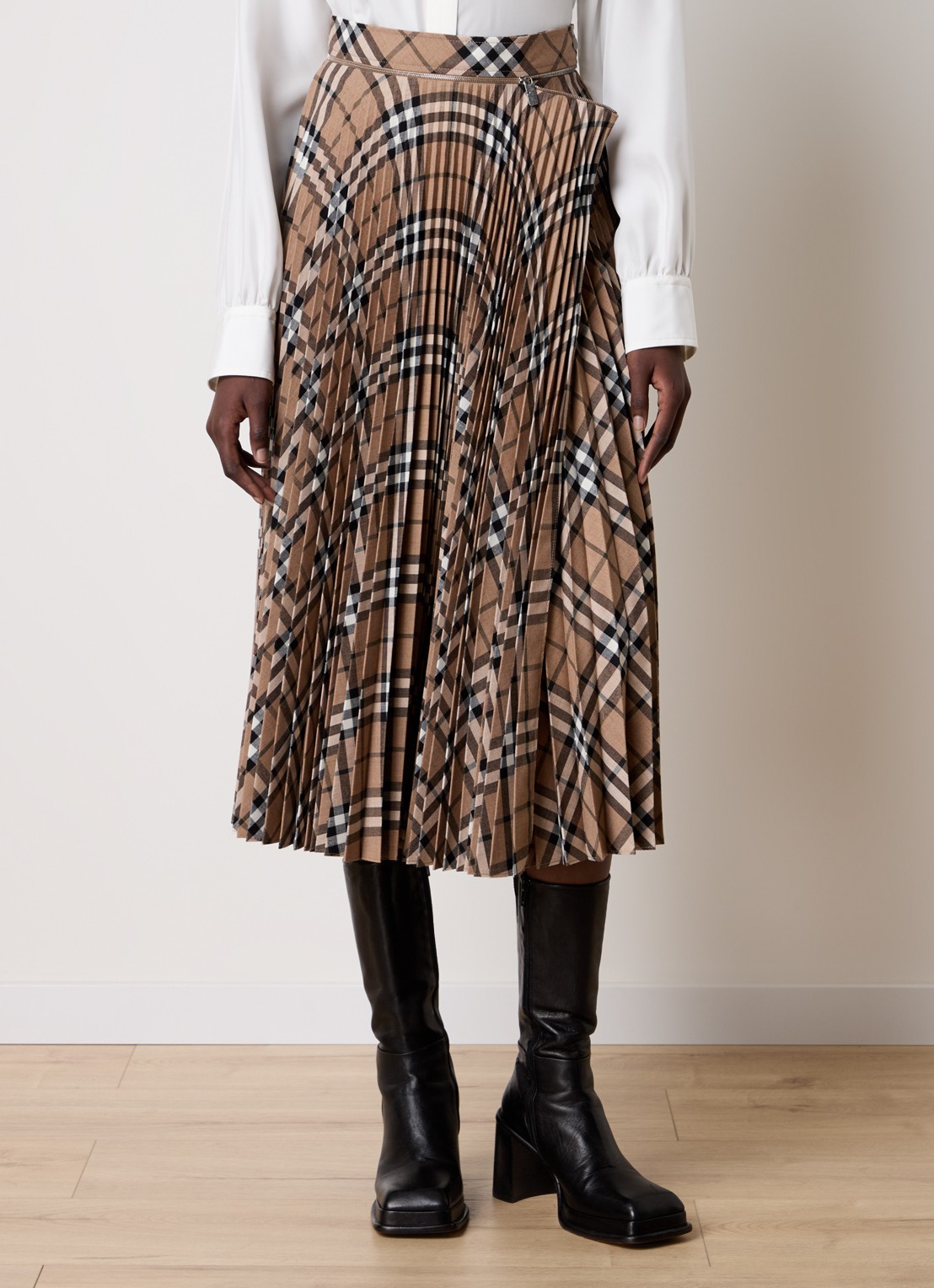Burberry Midi rok in wolblend met plissé en ruitdessin - detail 4 beige