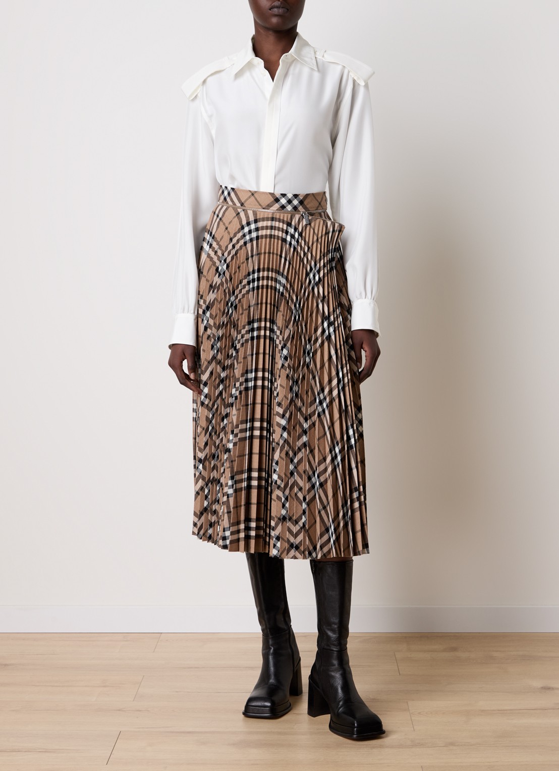Burberry Midi rok in wolblend met plissé en ruitdessin - voorkant 3 beige