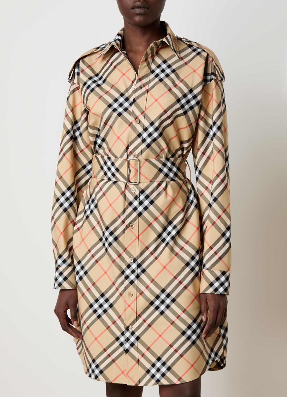 Burberry Mini blousejurk met ruitdessin en strikceintuur - detail camel