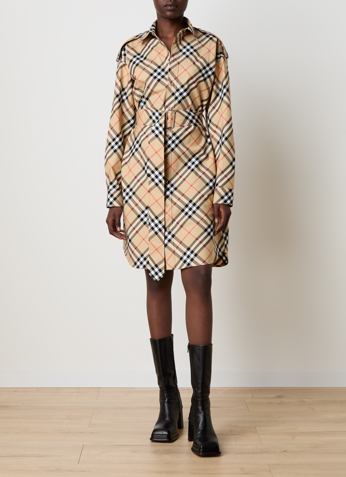 Burberry Mini blousejurk met ruitdessin en strikceintuur - voorkant 4 camel
