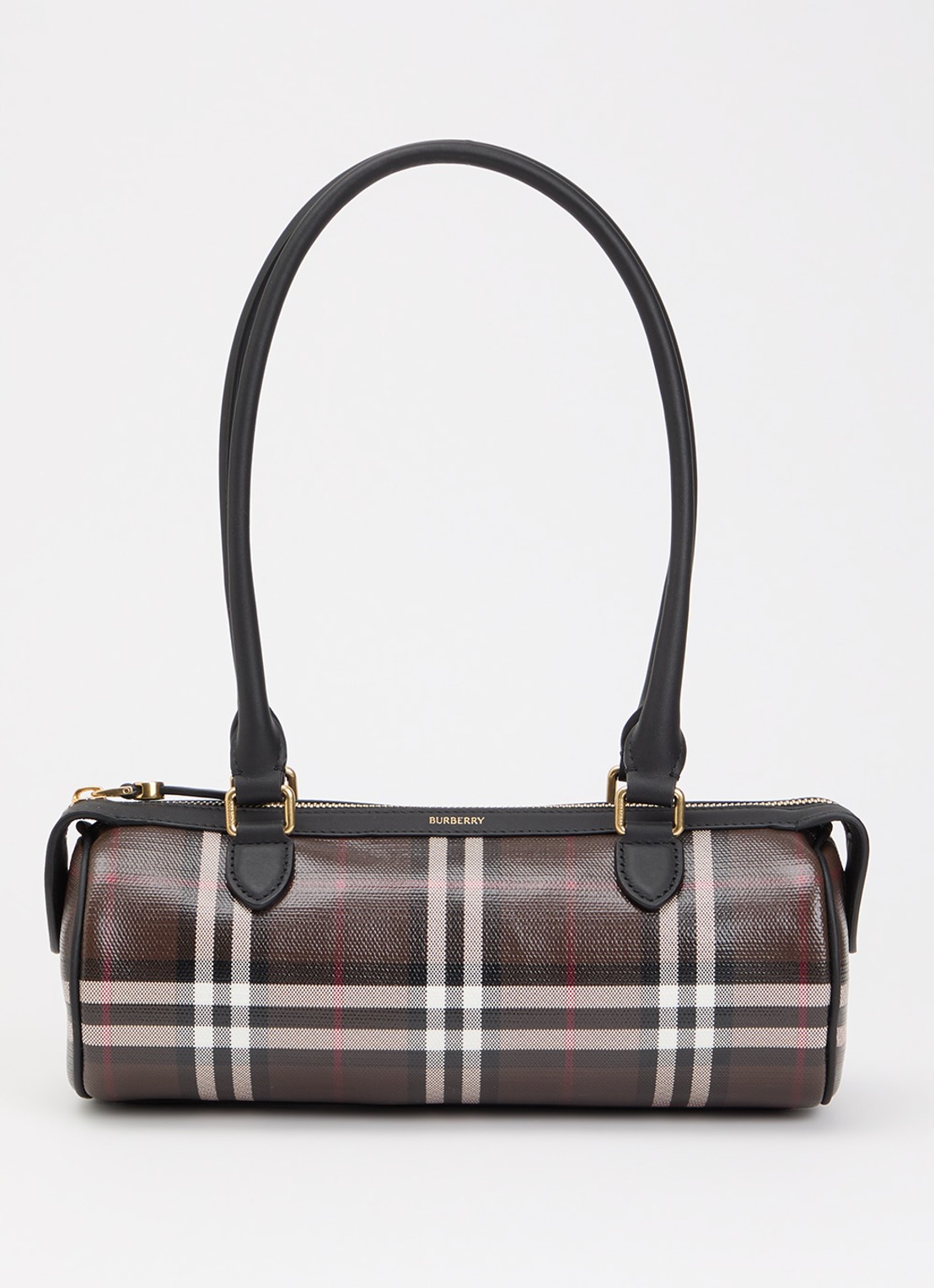Burberry Mini Check Barrel schoudertas met ruitdessin en kalfsleren details - voorkant bruin