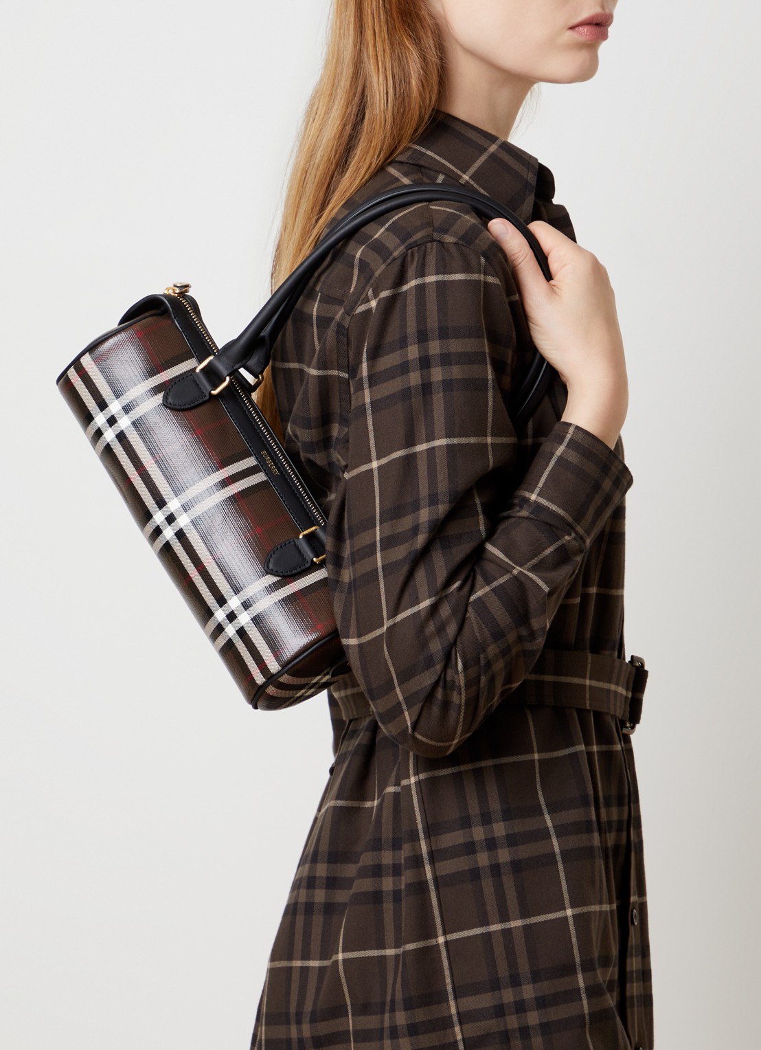 Burberry Mini Check Barrel schoudertas met ruitdessin en kalfsleren details - voorkant 2 bruin