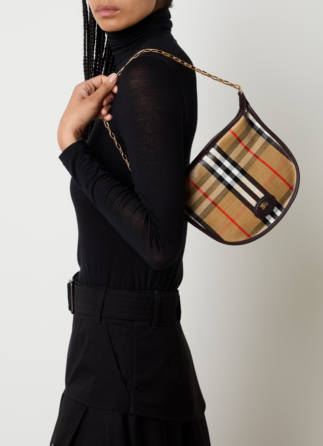 Burberry Mini Highlands schoudertas met ruitdessin en details van kalfsleer - voorkant 3 zand