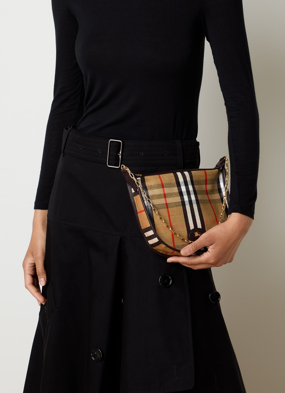 Burberry Mini Highlands schoudertas met ruitdessin en details van kalfsleer - voorkant 3 zand