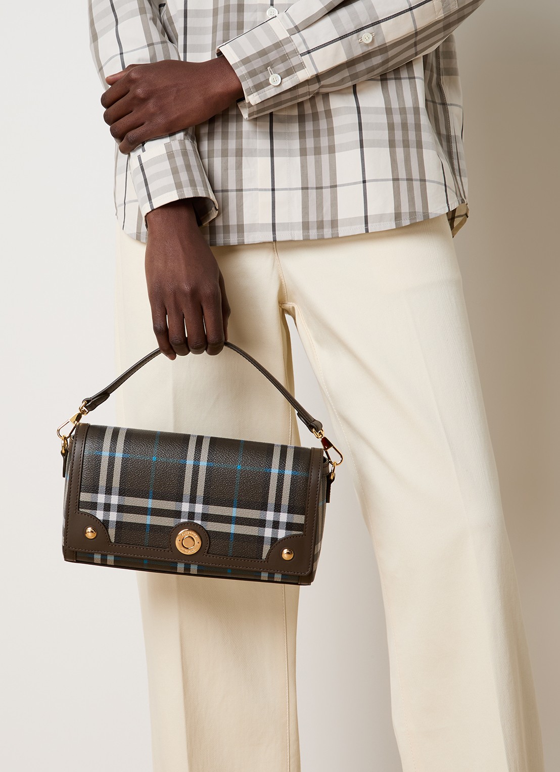 Burberry Note handtas van kalfsleer met ruitdessin en afneembare schouderriem - voorkant 3 taupe