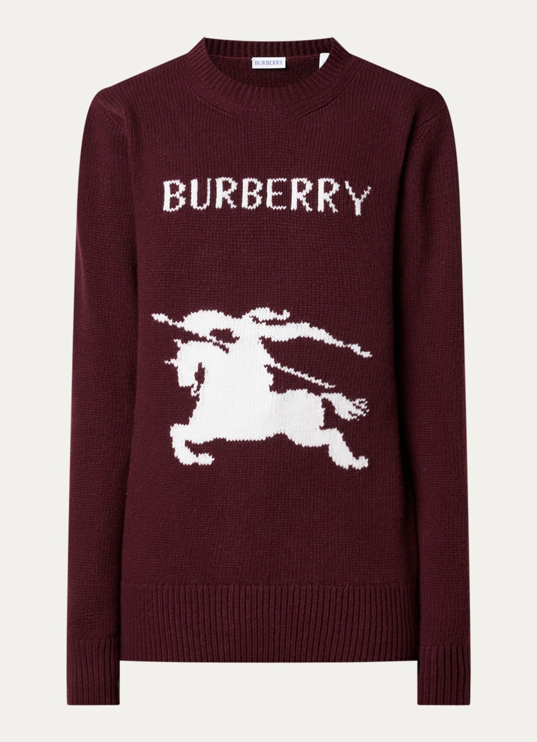 Burberry Scarlett fijngebreide trui in kasjmier wolblend met ingebreid logo - voorkant aubergine