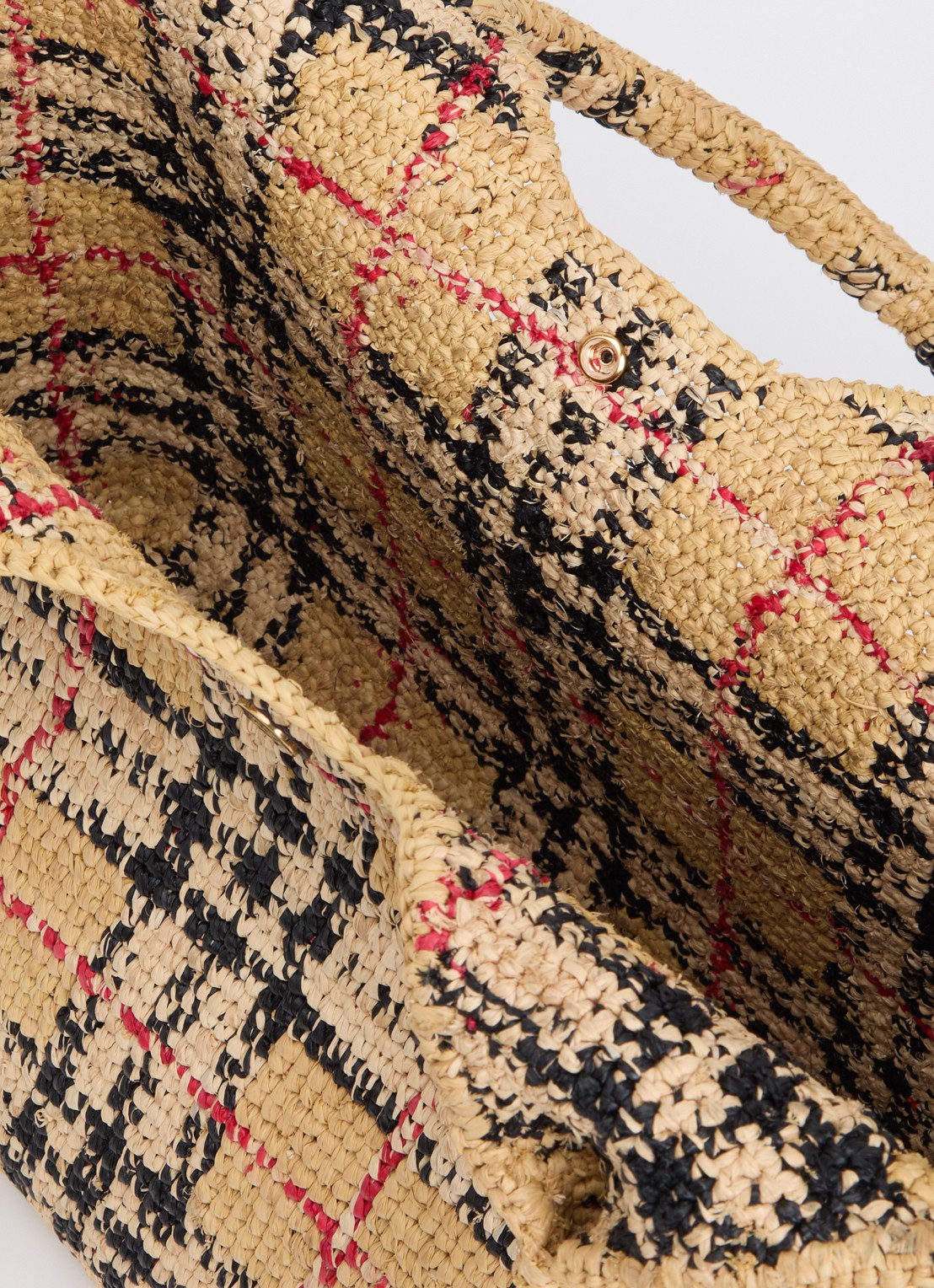 Burberry Schoudertas van raffia met ruitdessin - detail beige