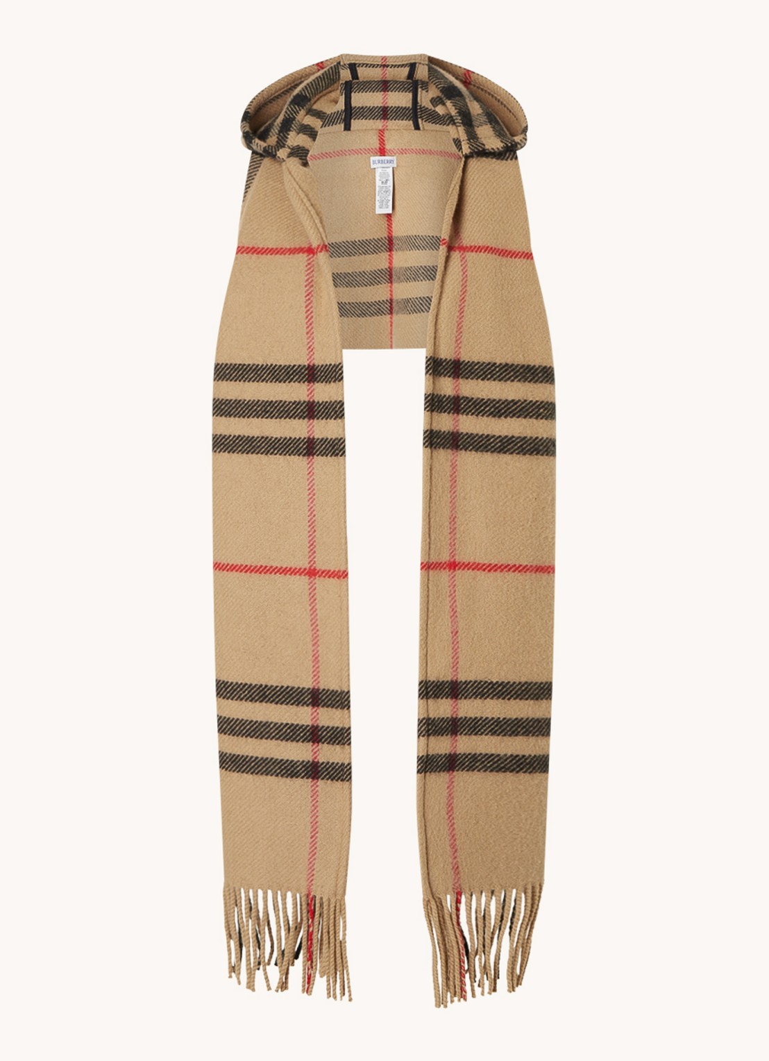 Burberry Sjaal in kasjmierblend met ruitdessin en capuchon 210 x 30 cm - voorkant beige