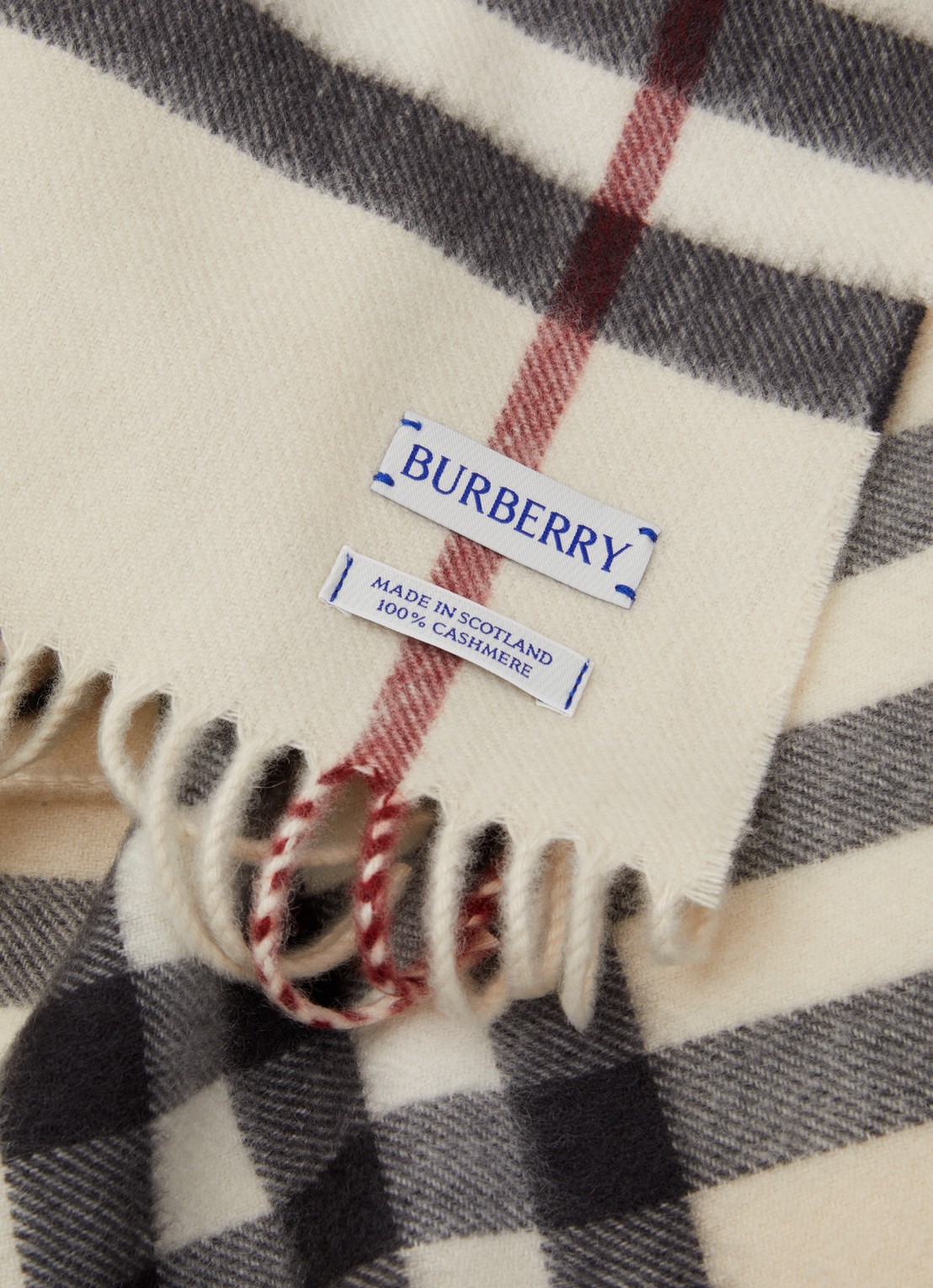 Burberry Sjaal van kasjmier met ruitdessin en franjes 170 x 30 cm  - detail beige
