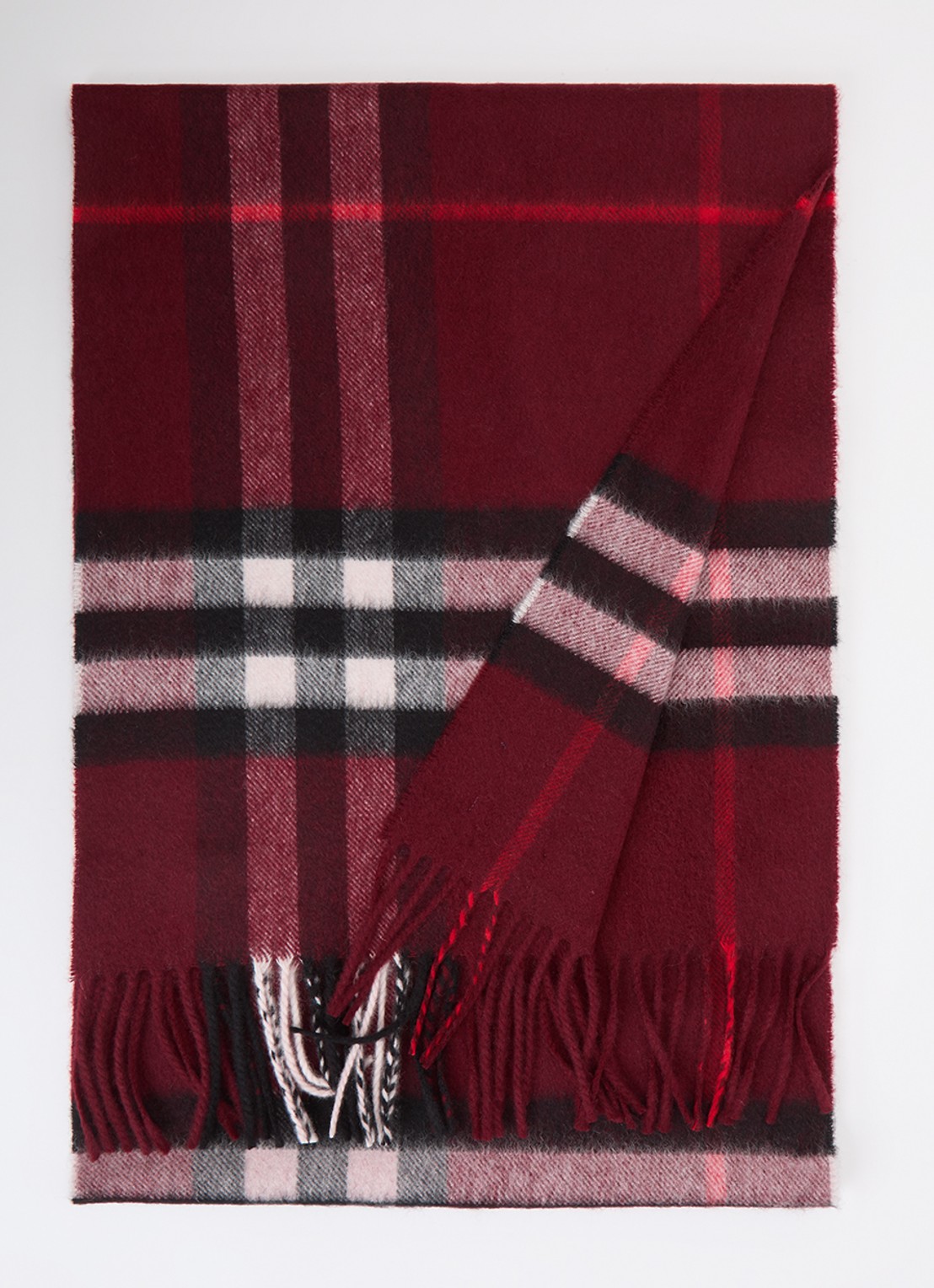 Burberry Sjaal van kasjmier met ruitdessin en franjes 170 x 30 cm  - voorkant bordeauxrood