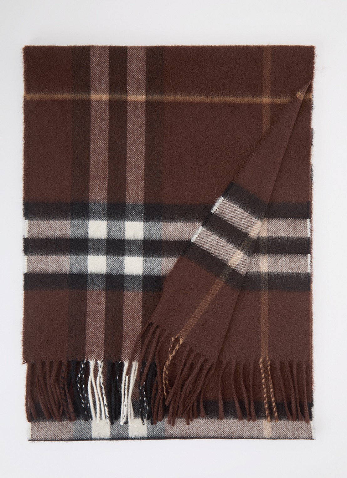 Burberry Sjaal van kasjmier met ruitdessin en franjes 170 x 30 cm  - voorkant bruin