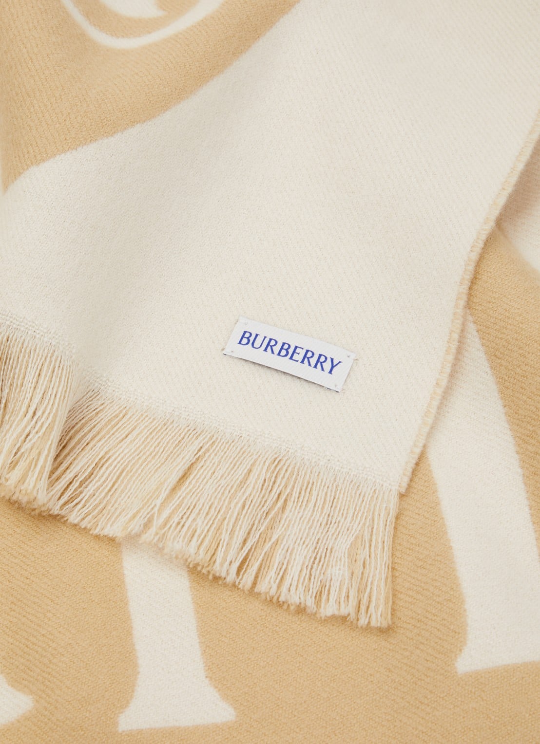 Burberry Sjaal van wol met logoprint 170 x 30 cm  - detail donkerbeige