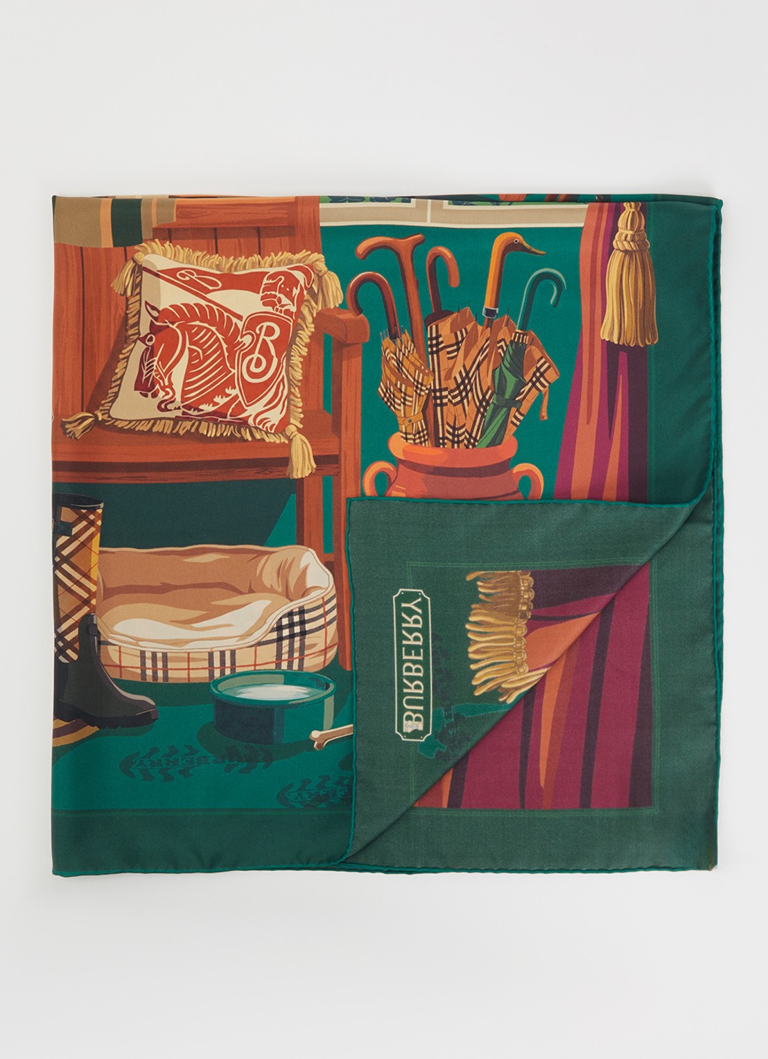 Burberry Sjaal van zijde met print 90 x 90 cm - voorkant groen