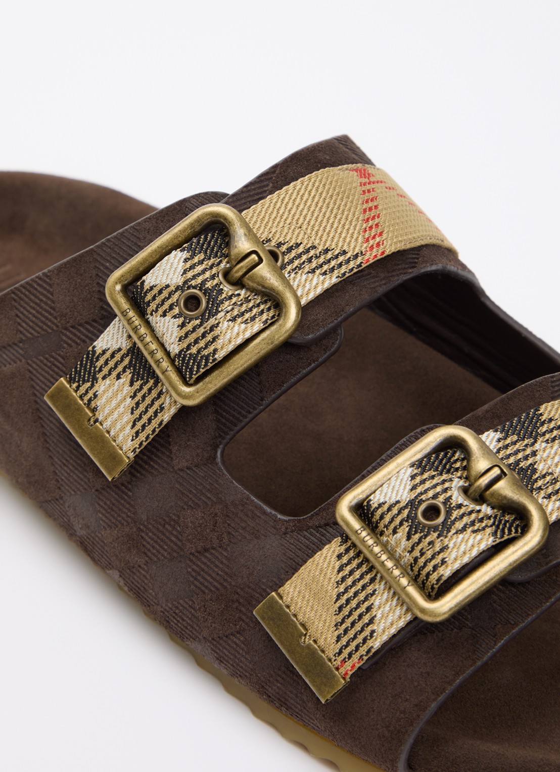 Burberry Urchin slipper van kalfssuède met ruitdessin - detail 4 donkerbruin
