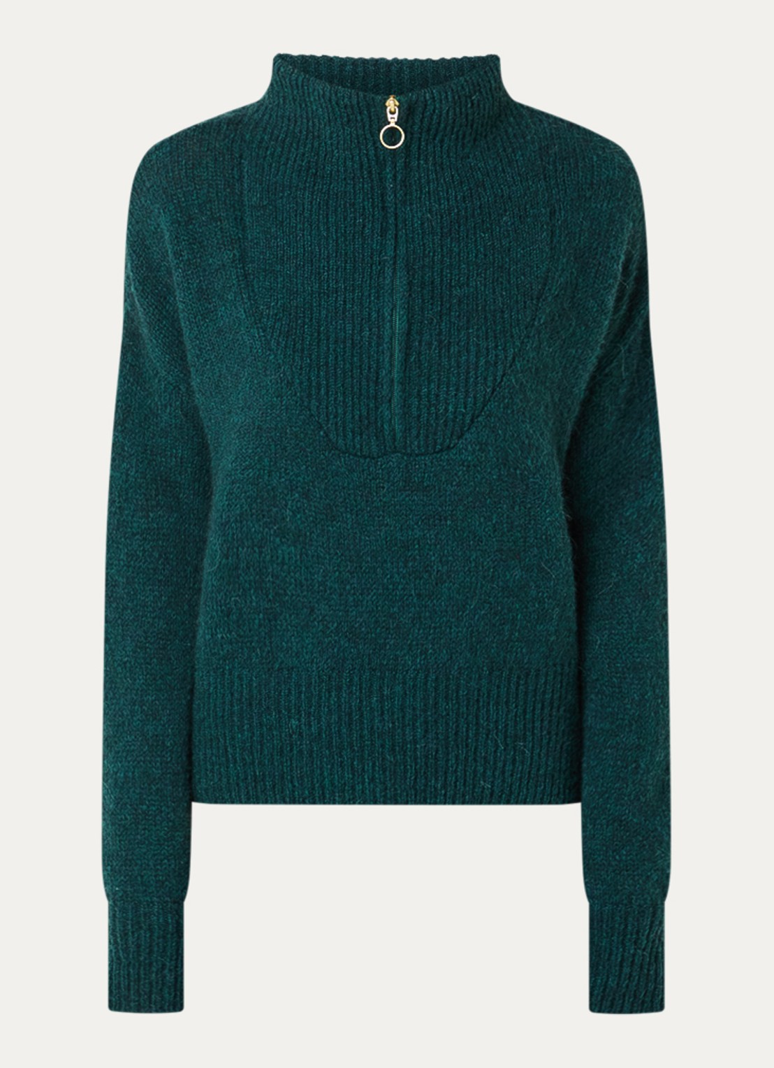 by-bar Beau grofgebreide trui in alpaca wolblend met halve rits - voorkant 2 donkergroen