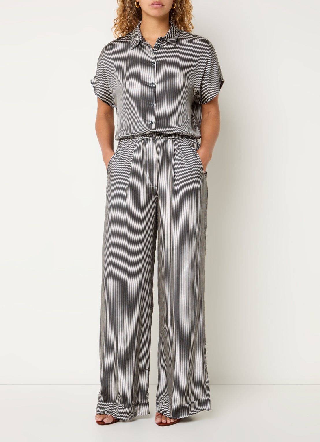 by-bar Benji high waist loose fit pantalon met streepprint - voorkant 3 antraciet