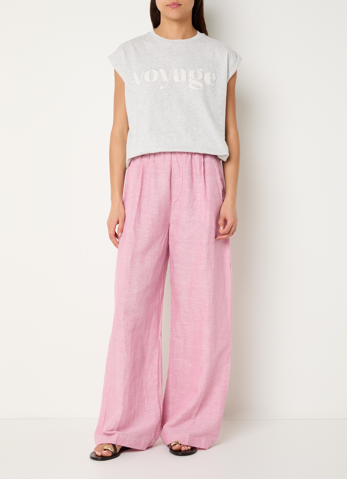 by-bar Benji high waist wide fit broek in linnenblend met steekzakken  - voorkant 2 roze