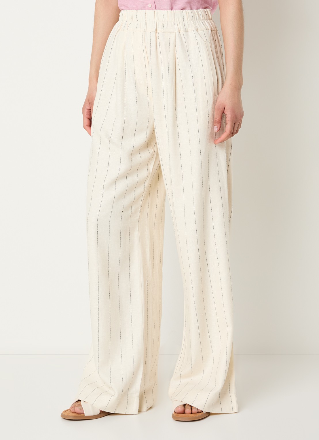 by-bar Benji high waist wide fit broek in linnenblend met streepprint - detail 4 gebroken wit