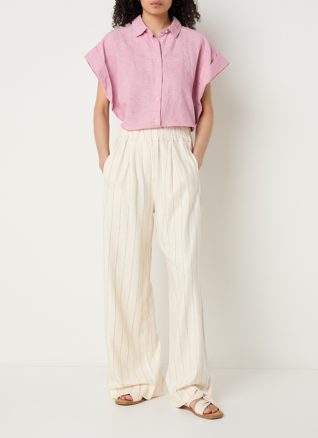 by-bar Benji high waist wide fit broek in linnenblend met streepprint - voorkant 3 gebroken wit