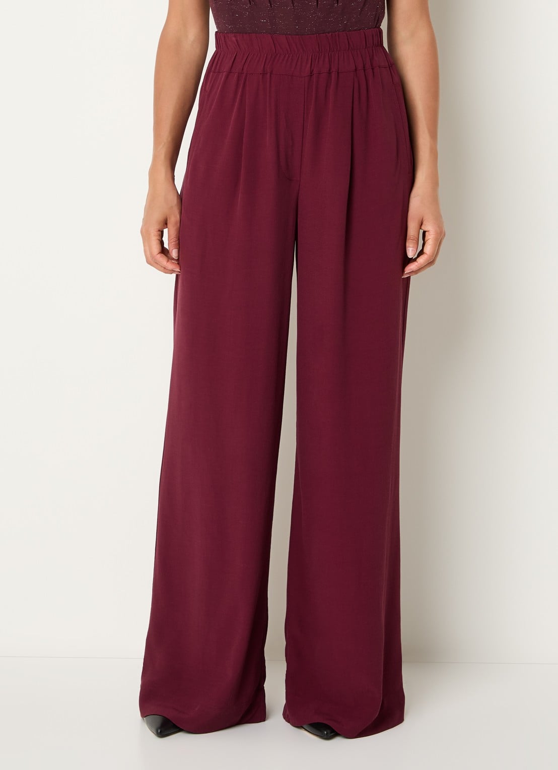 by-bar Benji high waist wide fit palazzo broek met steekzakken - detail bordeauxrood