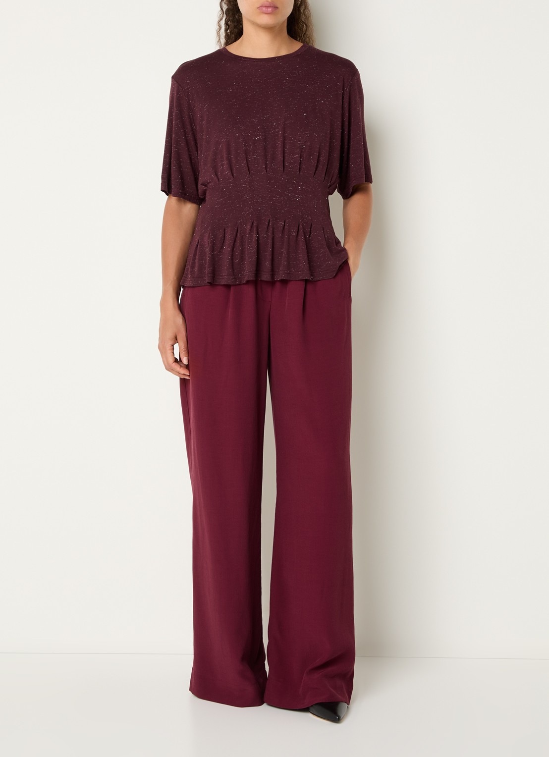 by-bar Benji high waist wide fit palazzo broek met steekzakken - voorkant 4 bordeauxrood