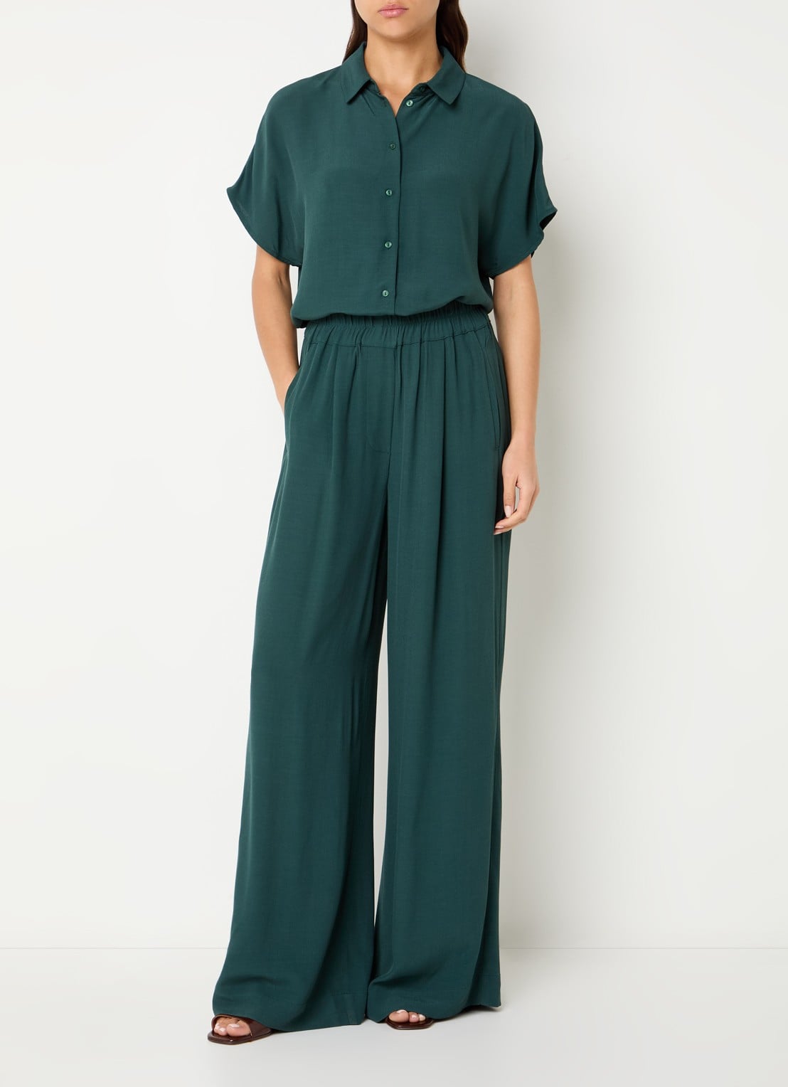 by-bar Benji high waist wide fit palazzo broek met steekzakken - voorkant 3 donkergroen