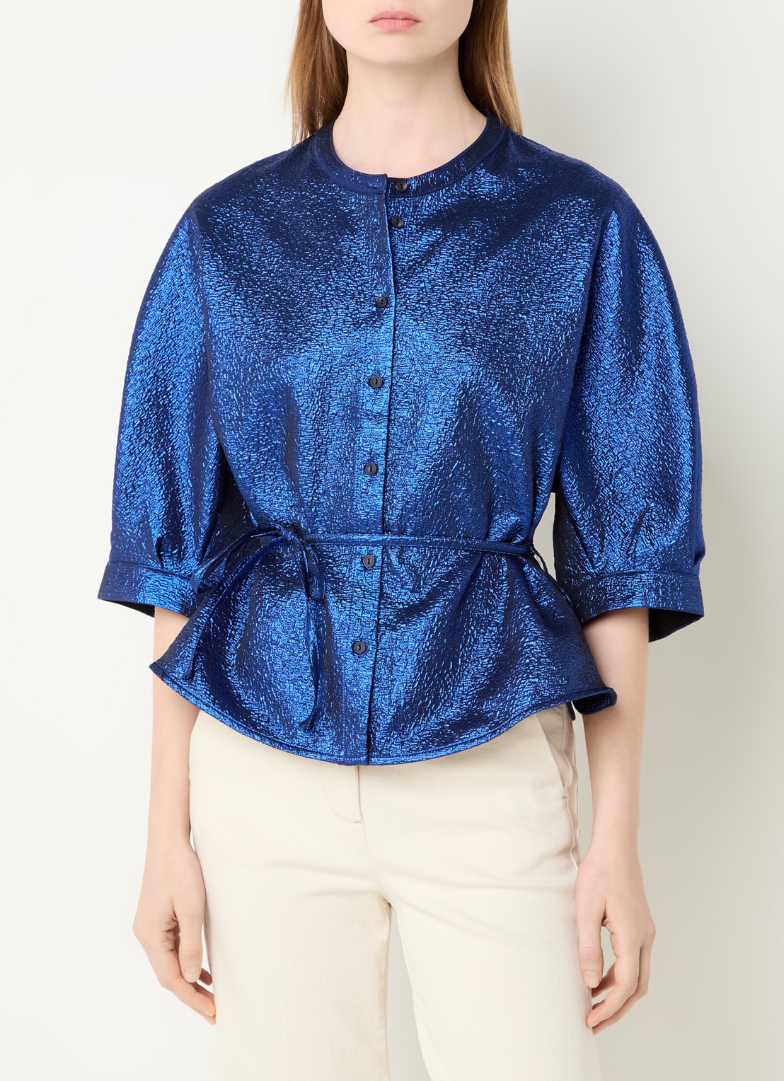 by-bar Christi blouse met lurex en strikdetail - detail donkerblauw