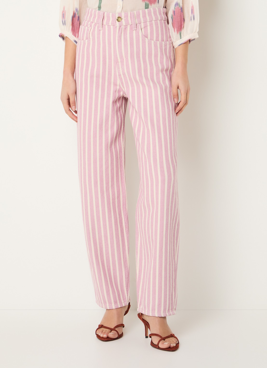by-bar Lew high waist straight fit broek met streepprint - detail 3 roze
