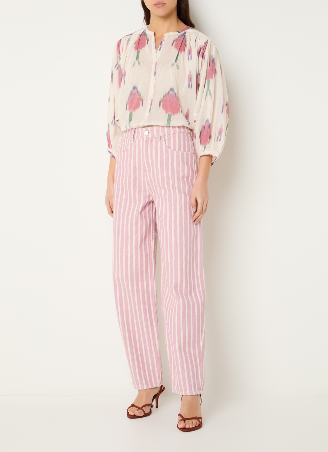 by-bar Lew high waist straight fit broek met streepprint - voorkant 2 roze
