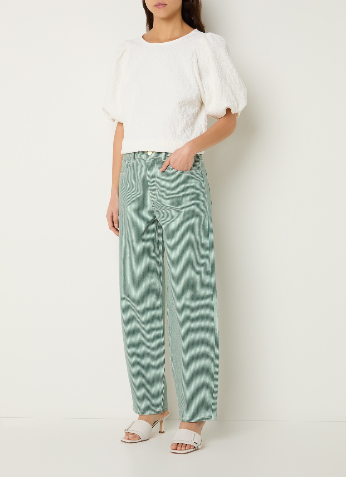 by-bar Lew high waist straight fit broek met streepprint - voorkant 5 donkergroen